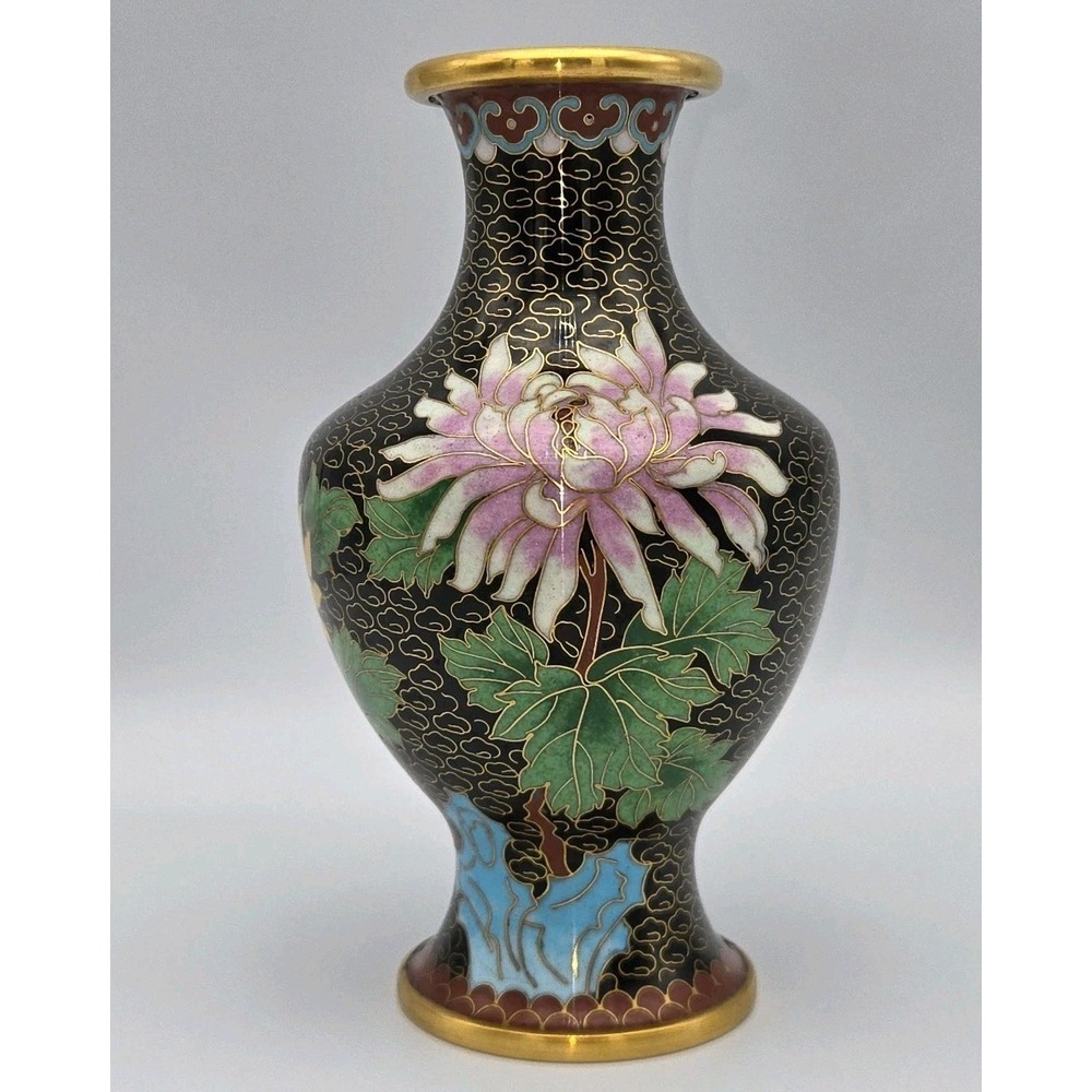 Chinese Cloisonne Bud‎ Vase Black Pink Floral Clouds Enamel Brass MCM 6.25"